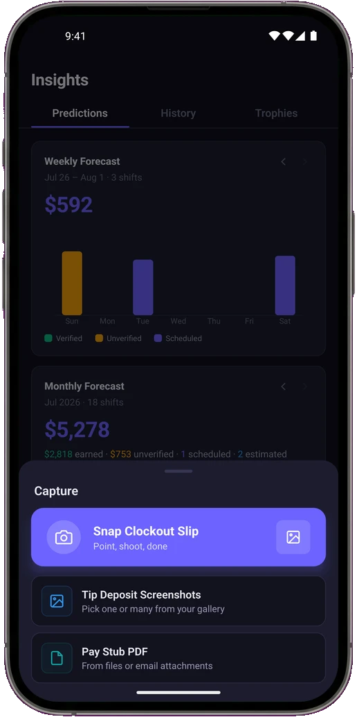 The capture sheet: snap a slip, pick deposit screenshots, or import a pay stub PDF